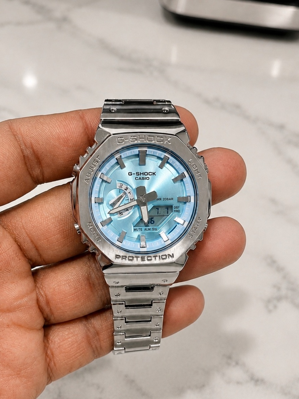 G-Shock Casio Silver Stainless Steel Watch with Light Blue Dial
